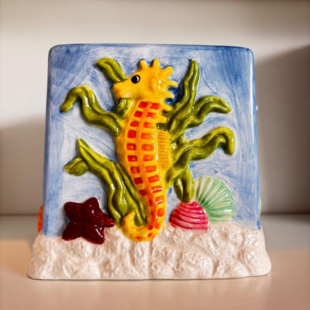 Vintage 3D Ceramic Seaside Cube Tissue Box Cover Seahorse Shells Tropical Fish - Picture 2 of 7